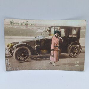 Bonne Annee French Postcard Stylish Lady Classic Car 3657 Sent Message Nostalgia